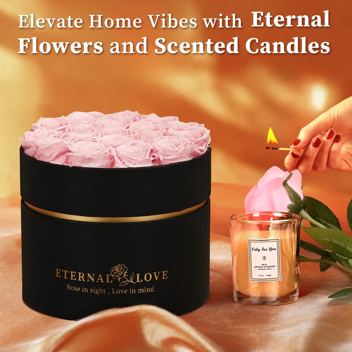 LIFELUM Forever Flowers with Scented Candle in Box-Pink Roses_Elevate Home Vibes with Eternal Flowers and Scented Candles